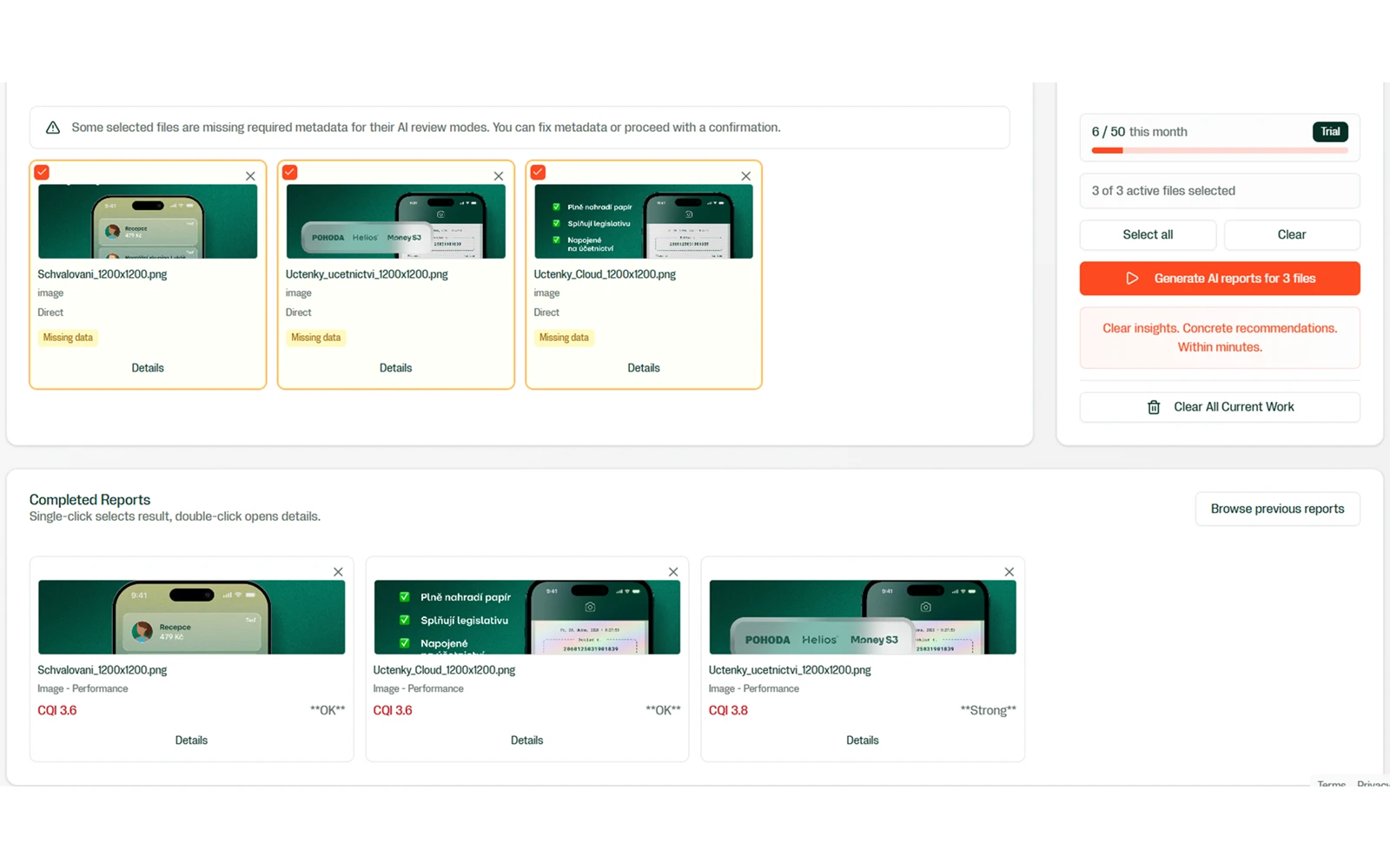 A batch run in the app — a grid of uploaded creatives, each stamped with its own score as the run completes
