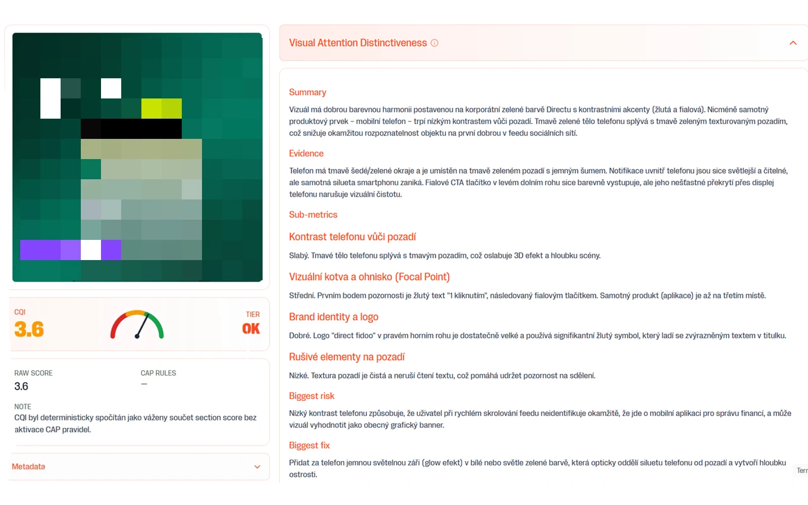 Report header showing the CQI score and tier, with one scorecard section expanded to reveal its score, confidence level, and finding