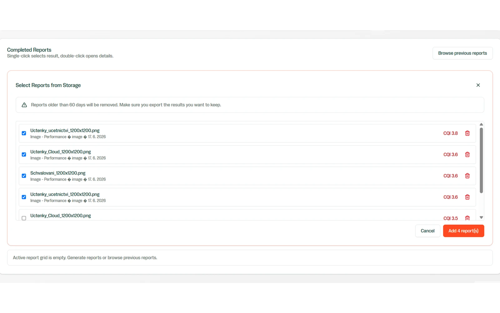 Scored creative library table showing thumbnail, score, tier, and date for each creative