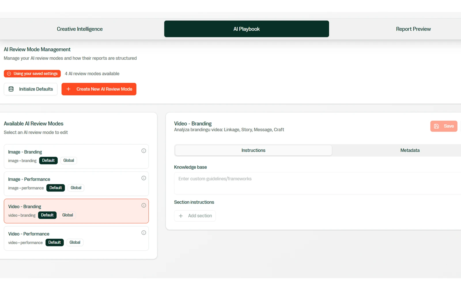 The review-mode selector in the app, showing the built-in modes plus the option to add brand guidelines or a custom mode