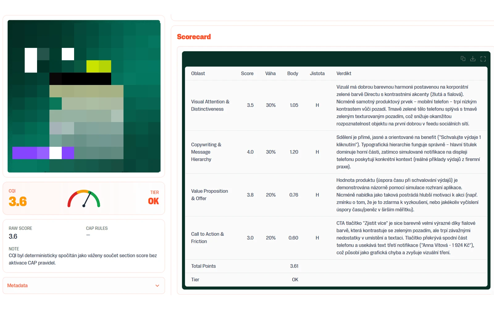 Full creative scorecard with section scores, plus the summary and prioritized action plan